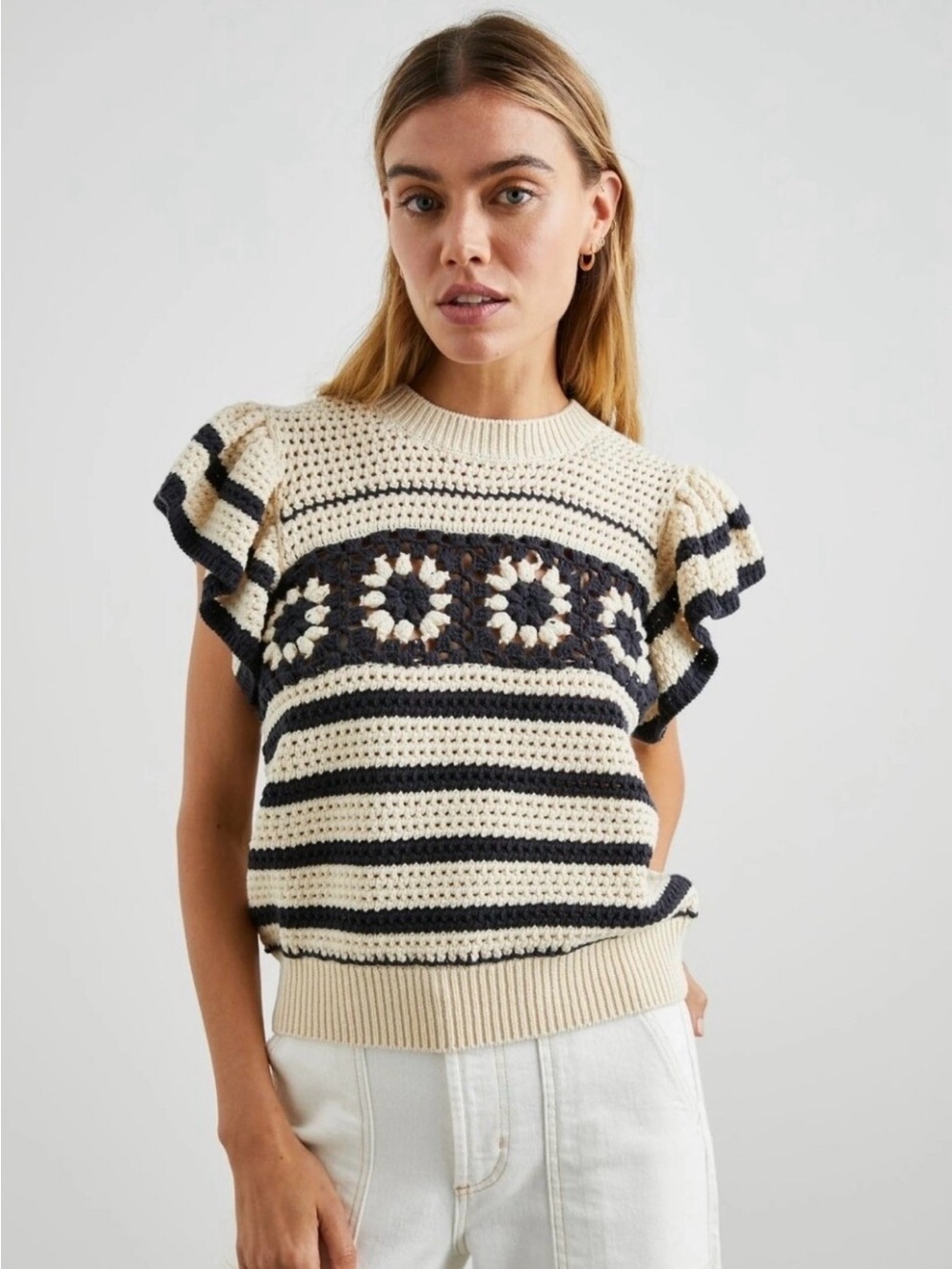 Rails Penelope Flutter Sleeve Sweater Oat Navy Crochet Floral‎ Stripes medium